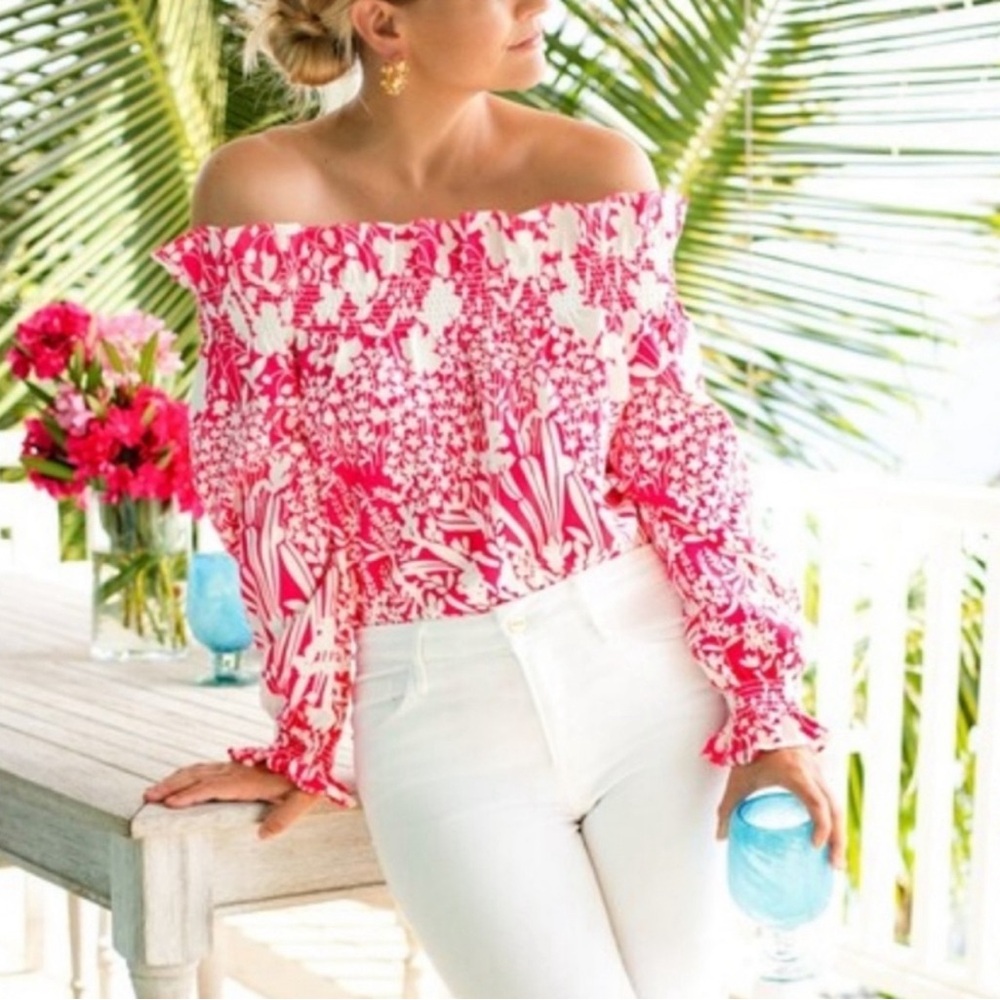 NWT Tuckernuck Marguerite Off Shoulder Hot Pink and White Wildflower Top. Small